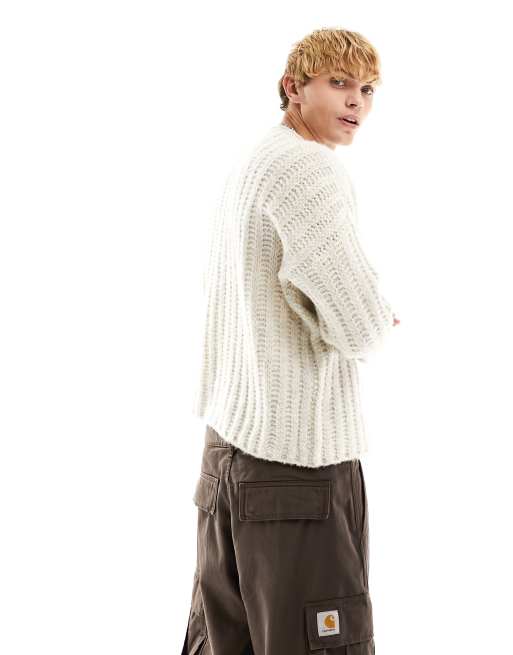 ASOS DESIGN oversized knitted open knit fluffy jumper in stone, 3 of 4