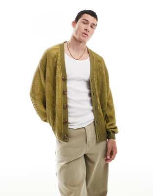 Asos Design Oversized Knitted Plated Fisherman Rib Cardigan In Khaki-green