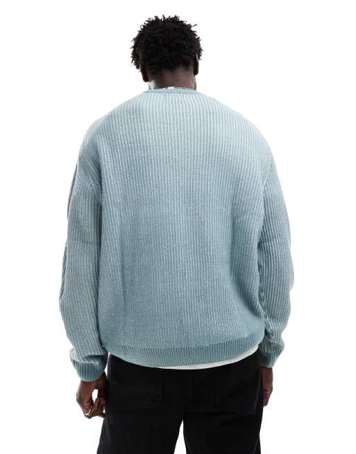 ASOS DESIGN oversized knitted plated fisherman rib jumper in blue, 2 of 4