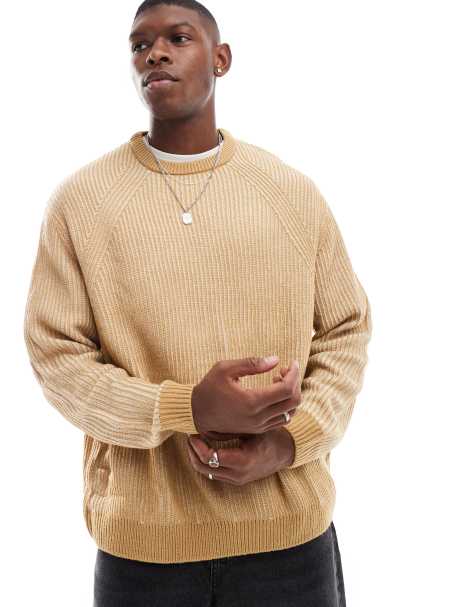 ASOS DESIGN oversized knitted plated fisherman rib jumper in brown - view 1