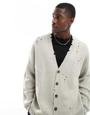 ASOS DESIGN oversized knitted plush cardigan with nibbling in stone-Neutral