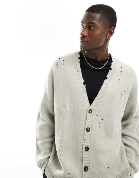 ASOS DESIGN oversized knitted plush cardigan with nibbling in stone