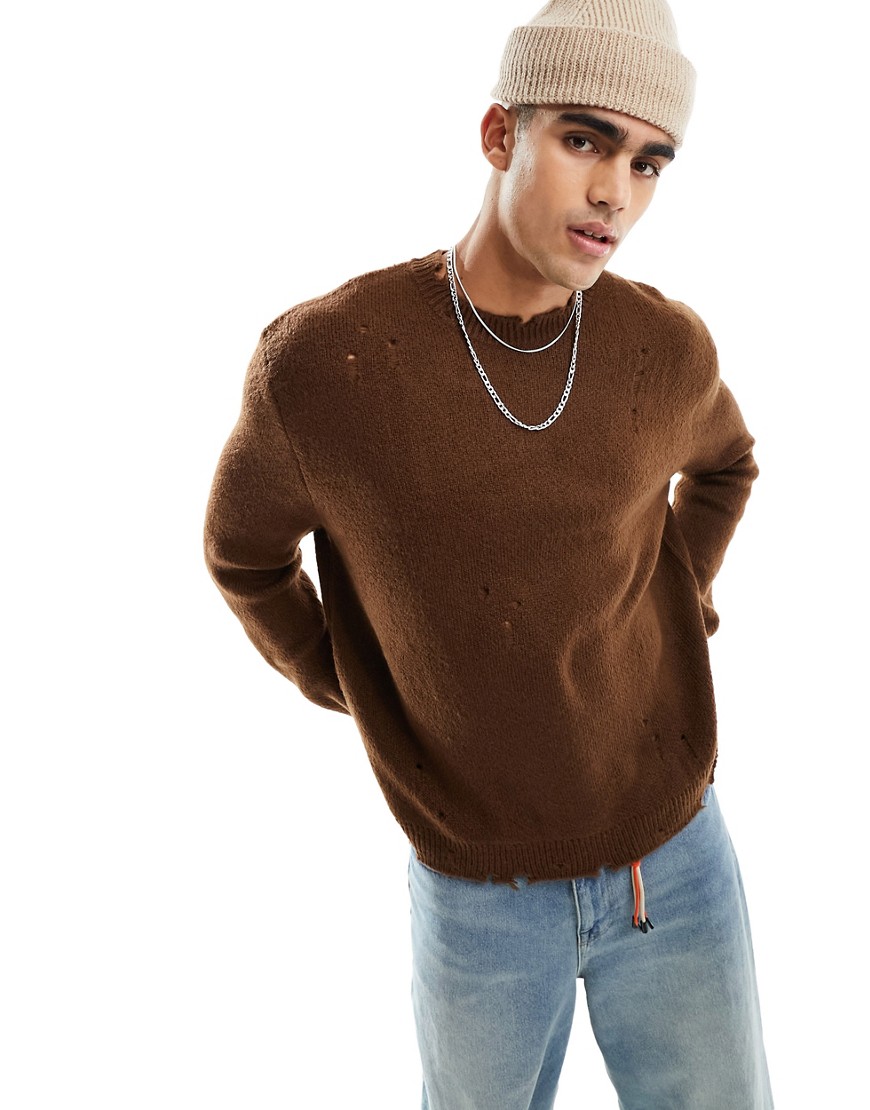 ASOS DESIGN oversized knitted plush jumper with nibbling in brown