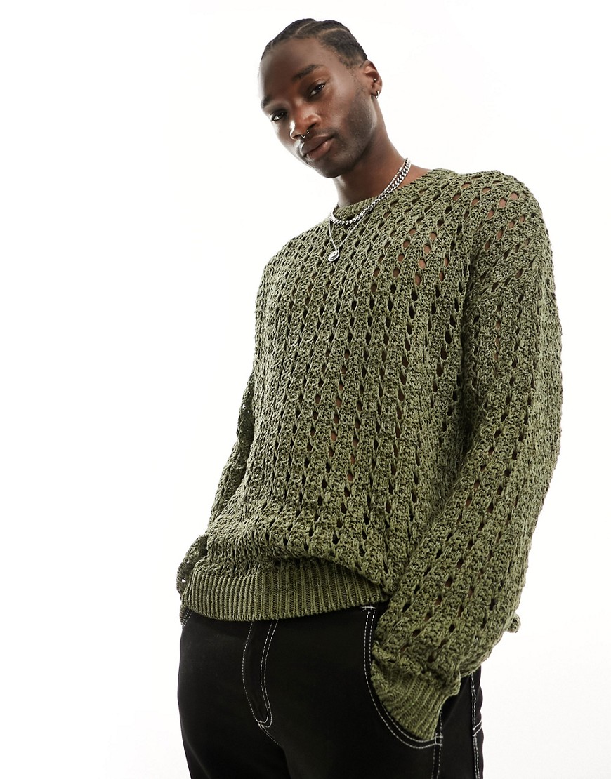 ASOS DESIGN oversized knitted pointelle crew neck jumper in khaki-Green