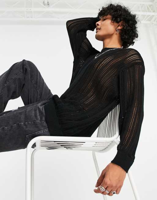 ASOS DESIGN oversized knitted pointelle jumper in black | ASOS