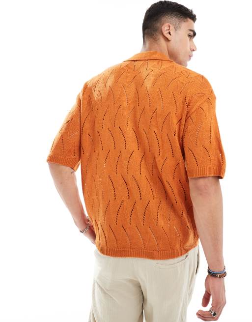 ASOS DESIGN oversized knitted pointelle polo in burnt orange, 2 of 4
