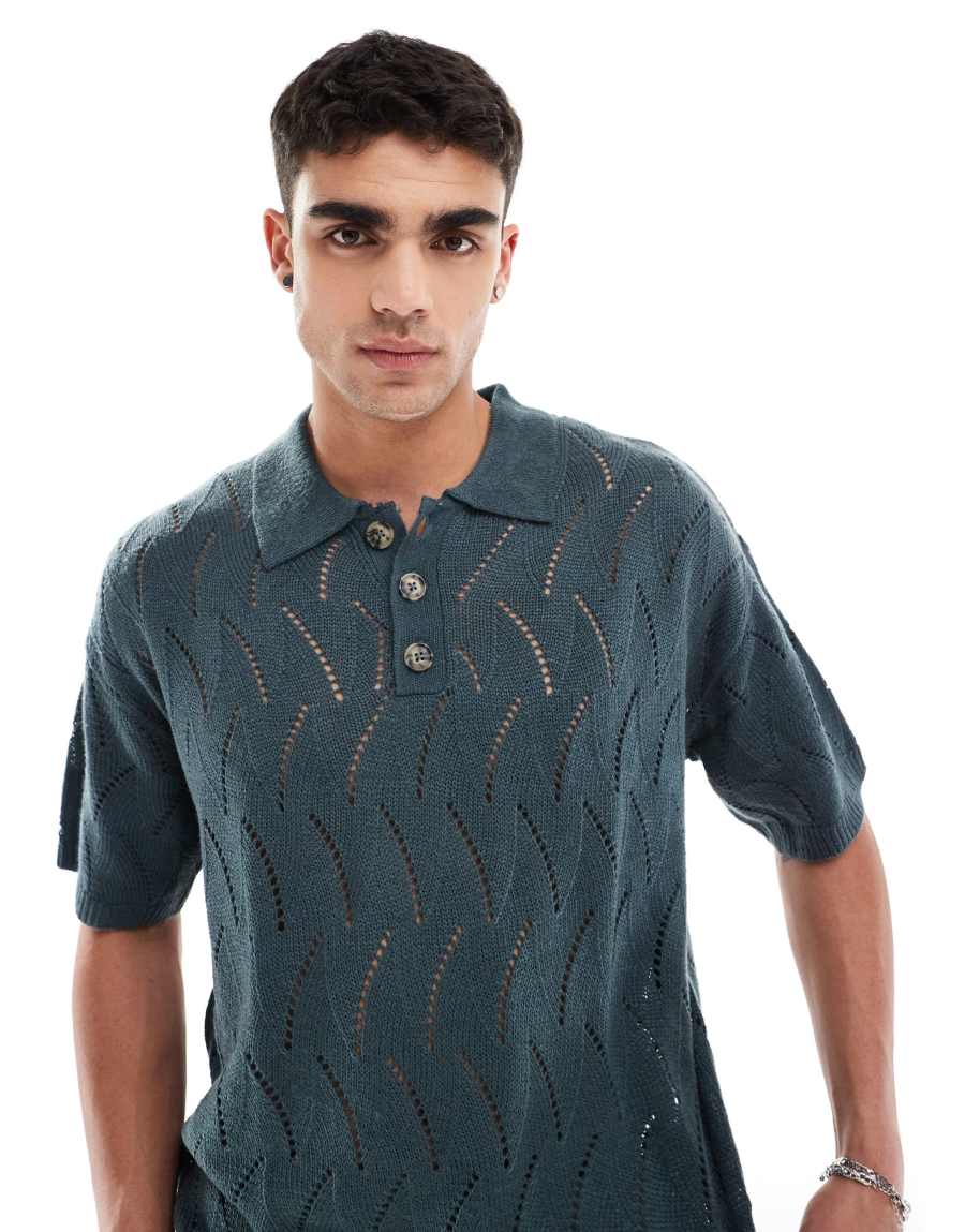 ASOS DESIGN oversized knitted pointelle polo in charcoal