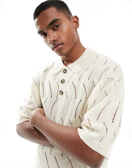 ASOS DESIGN relaxed knitted pointelle button through polo in stone