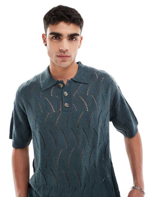 FhyzicsShops DESIGN oversized knitted pointelle polo in teal