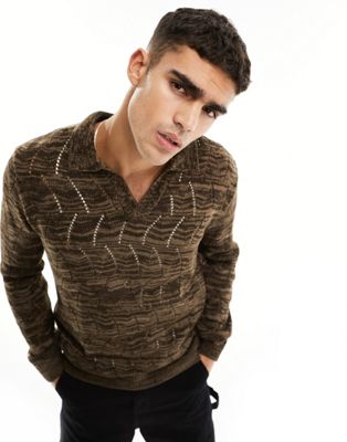 ASOS DESIGN oversized knitted pointelle polo jumper in brown twist