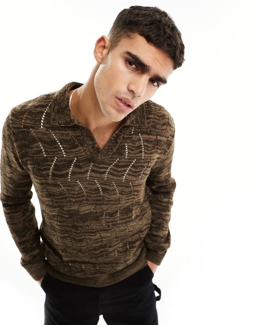 ASOS DESIGN oversized knitted pointelle polo jumper in brown twist