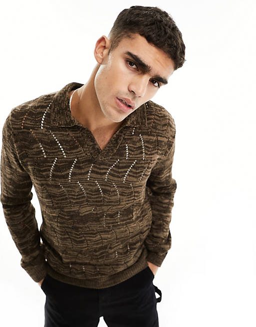 ASOS DESIGN oversized knitted pointelle polo jumper in brown twist | ASOS