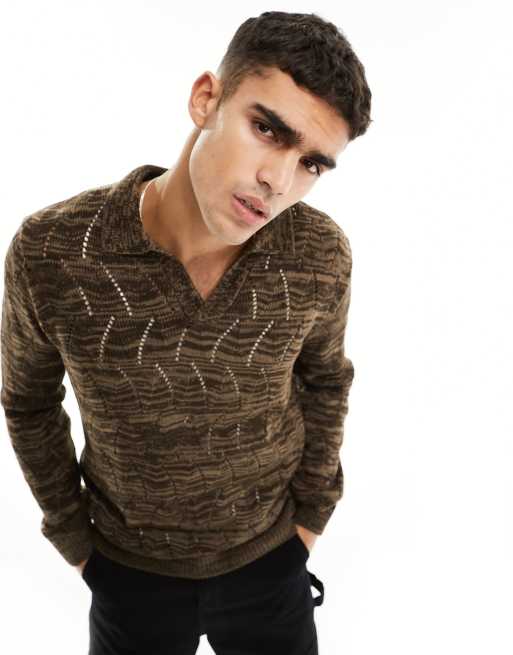 ASOS DESIGN oversized knitted pointelle polo sweater in brown twist
