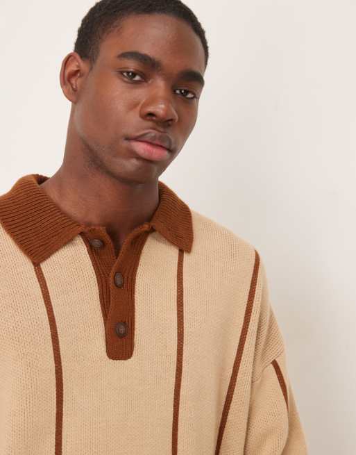 Long Sleeve Striped Oversized Polo in Light Brick/Beige