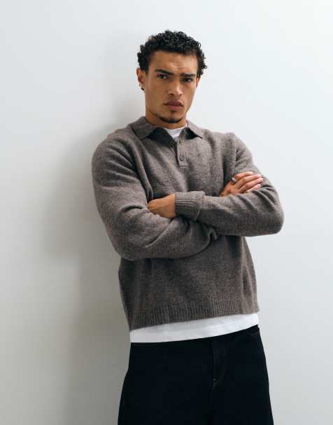ASOS DESIGN oversized knitted polo in brown