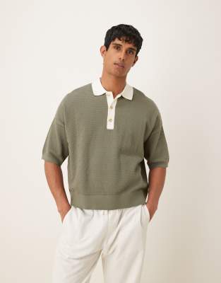 ASOS DESIGN oversized knitted polo in khaki with contrast collar