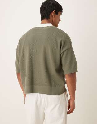 ASOS DESIGN oversized knitted polo in khaki with contrast collar