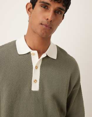 ASOS DESIGN oversized knitted polo in khaki with contrast collar