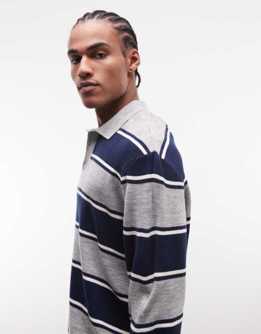 ASOS DESIGN oversized knitted polo in navy and grey stripe, 4 of 5