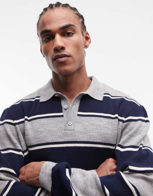 ASOS DESIGN oversized knitted polo in navy and grey stripe, 5 of 5