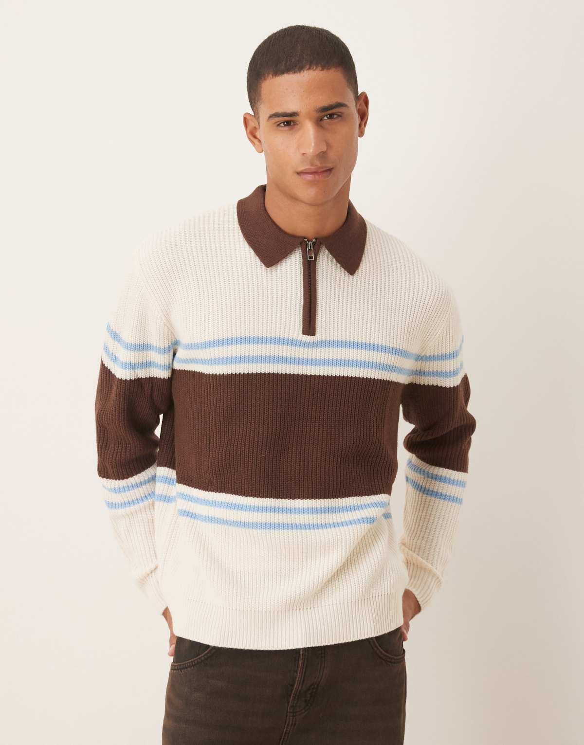 ASOS DESIGN oversized knitted polo jumper in beige with brown stripes