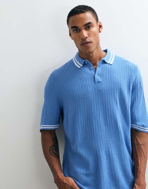 ASOS DESIGN oversized knitted polo with red tipping in blue