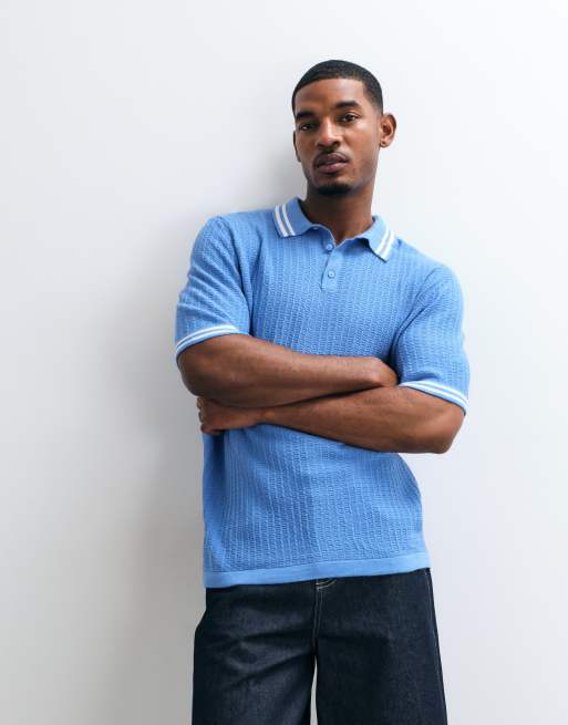 ASOS DESIGN oversized knitted polo with red tipping in blue, 2 of 5