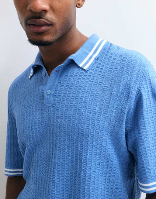 ASOS DESIGN oversized knitted polo with red tipping in blue, 4 of 5