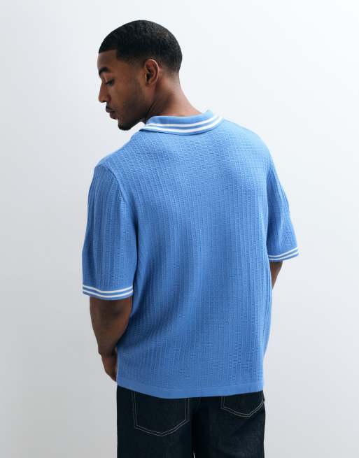 ASOS DESIGN oversized knitted polo with red tipping in blue, 5 of 5
