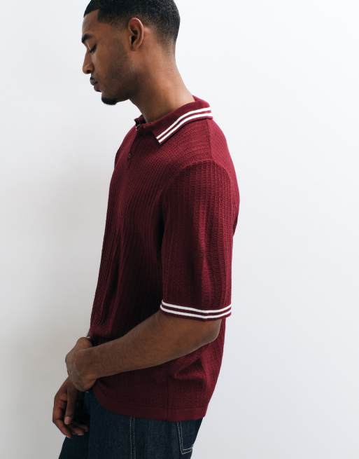 ASOS DESIGN oversized knitted polo with red tipping in burgundy, 4 of 5
