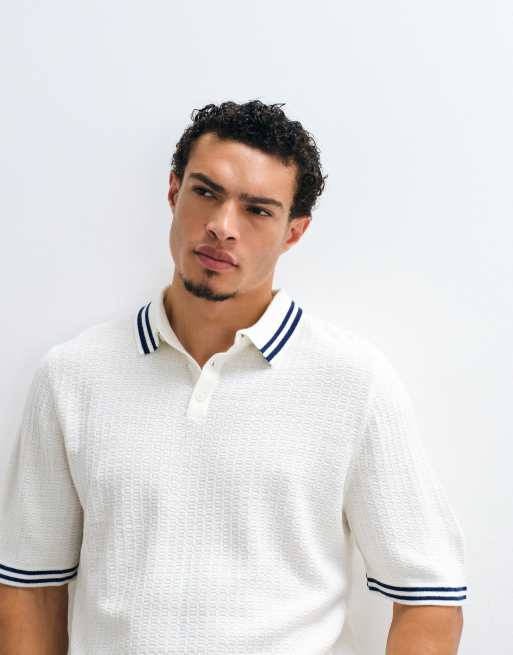 ASOS DESIGN oversized knitted polo with tipping in ecru, 3 of 5