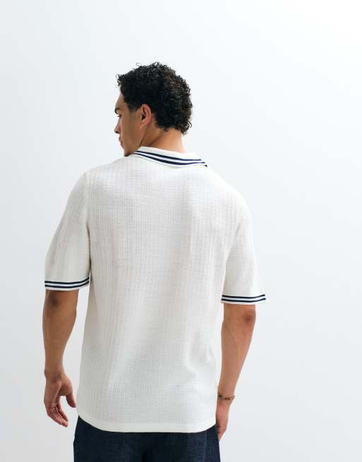 ASOS DESIGN oversized knitted polo with tipping in ecru, 4 of 5