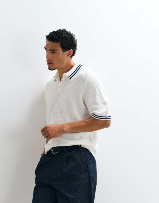 ASOS DESIGN oversized knitted polo with tipping in ecru, 5 of 5