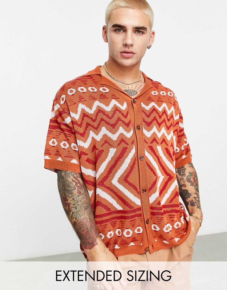 Asos Design Oversized Knitted Revere Collar Polo Shirt With Aztec Print In Orange