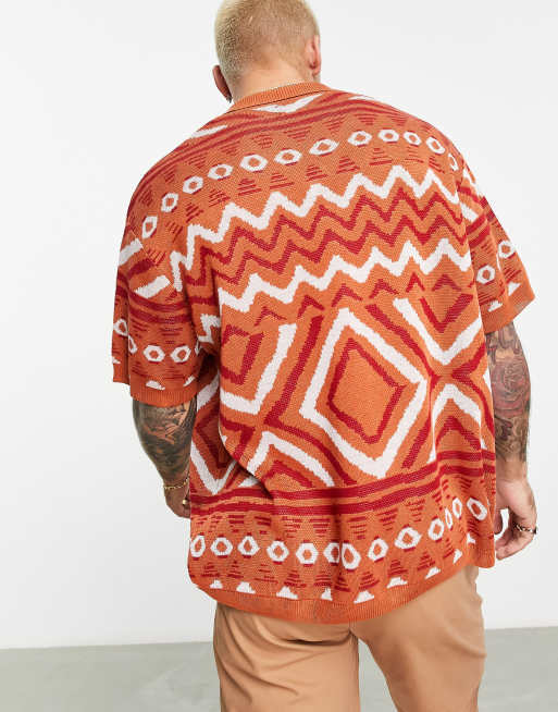 ASOS DESIGN oversized knitted revere collar polo shirt with aztec print in orange, 2 of 4