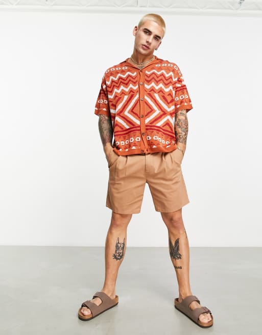 ASOS DESIGN oversized knitted revere collar polo shirt with aztec print in orange, 4 of 4