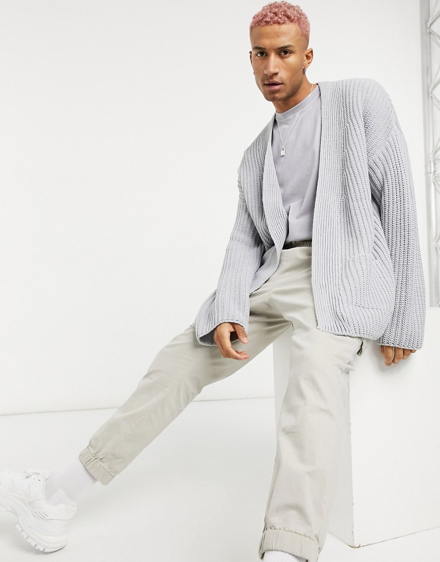 Asos Design Oversized Knitted Rib Cardigan In Gray-grey