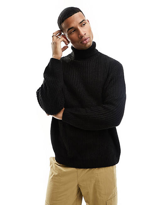 ASOS DESIGN oversized knitted rib roll neck jumper in black | ASOS