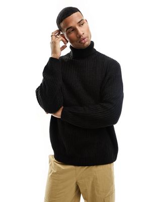 Asos Design Oversized Fisherman Rib Roll Neck Sweater In Black