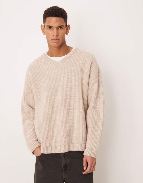 ASOS DESIGN oversized knitted rib v-neck jumper in ecru - view 1