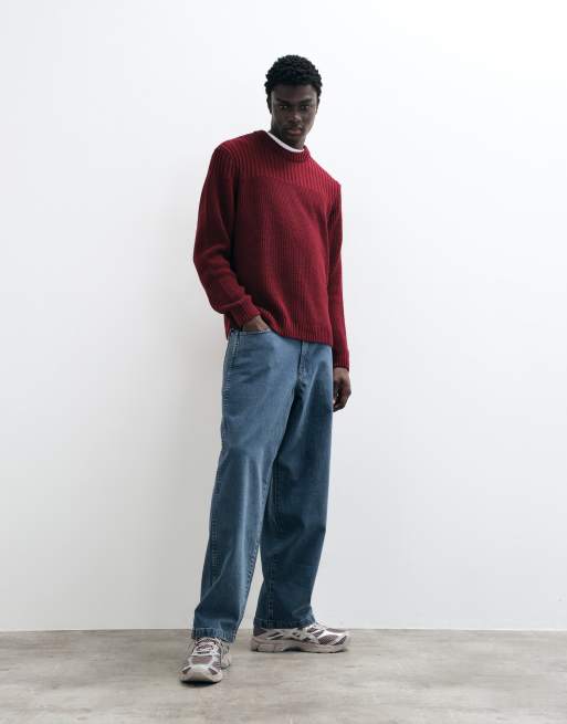 ASOS DESIGN oversized knitted ribbed jumper in burgundy, 3 of 5