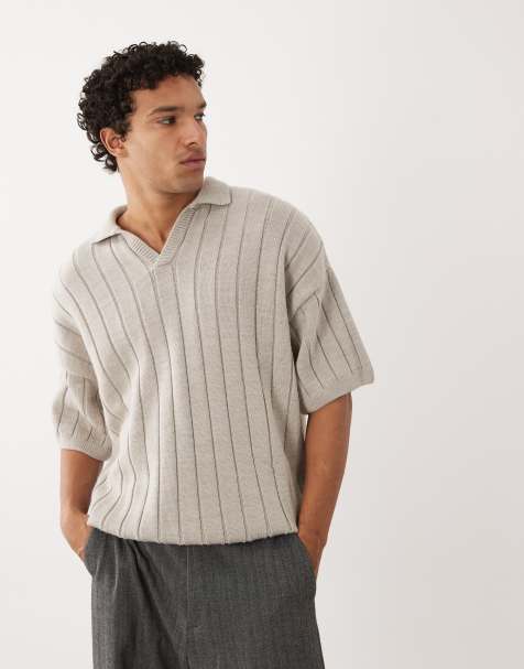 ASOS DESIGN oversized knitted ribbed  short sleeve notch neck polo in stone - view 1