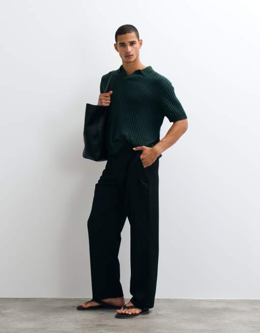 ASOS DESIGN oversized knitted ribbed texture polo in green, 2 of 5