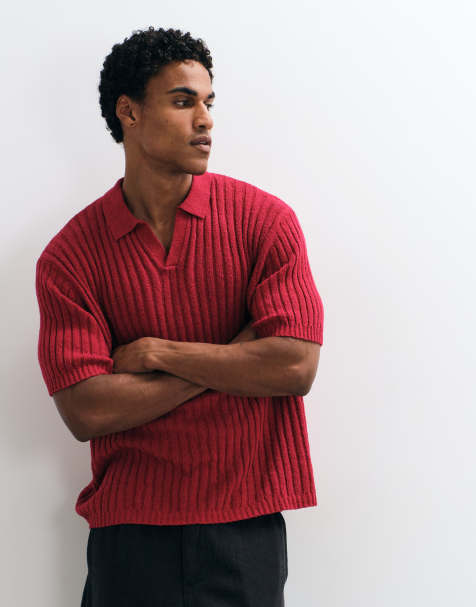 ASOS DESIGN oversized knitted ribbed texture polo in red - view 1