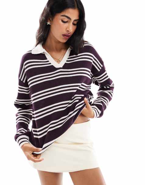 ASOS DESIGN oversized knitted rugby top in plum stripe - view 1