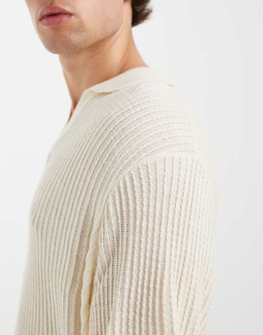 ASOS DESIGN oversized knitted short sleeve crochet notch neck polo with seoul embroidery in stone, 3 of 5