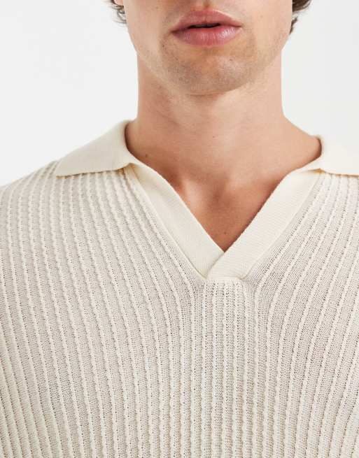 ASOS DESIGN oversized knitted short sleeve crochet notch neck polo with seoul embroidery in stone, 5 of 5