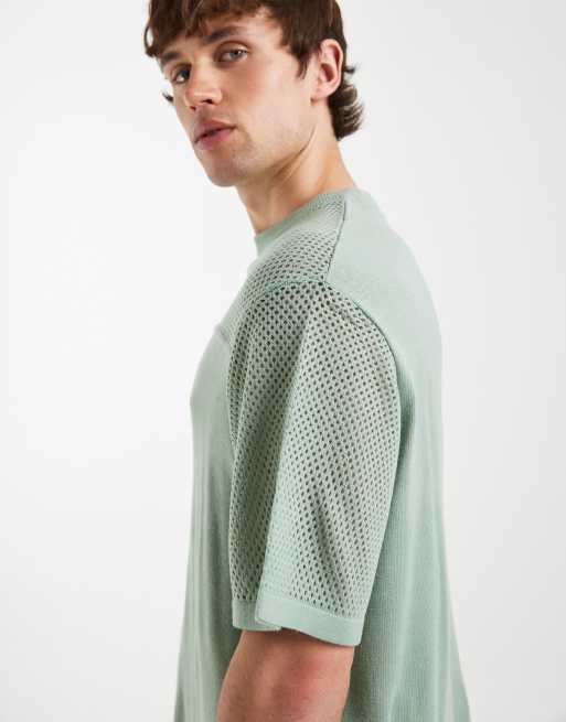 ASOS DESIGN oversized knitted short sleeve crochet t-shirt in sage green, 5 of 5