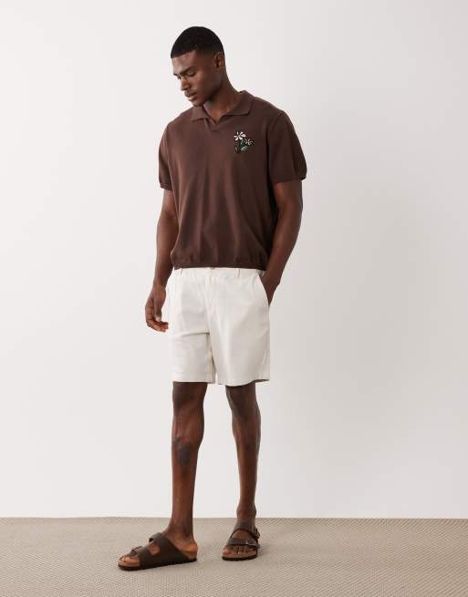 ASOS DESIGN oversized knitted short sleeve notch neck polo with flower embroidery in brown, 2 of 5