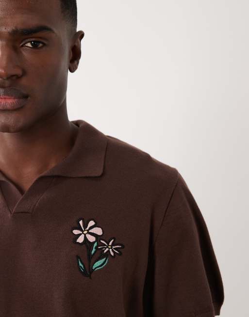 ASOS DESIGN oversized knitted short sleeve notch neck polo with flower embroidery in brown, 3 of 5